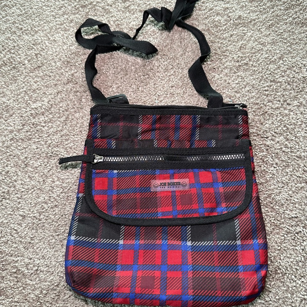 Joe Boxer Men's Plaid Messenger Bag in Red and Blue